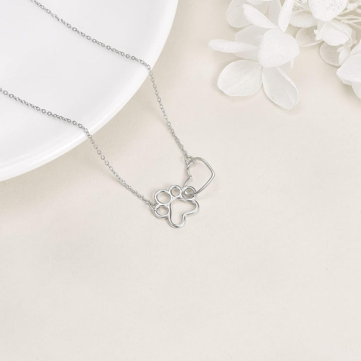 Sterling Silver Paw Print Necklace – Heart Crystal Pendant