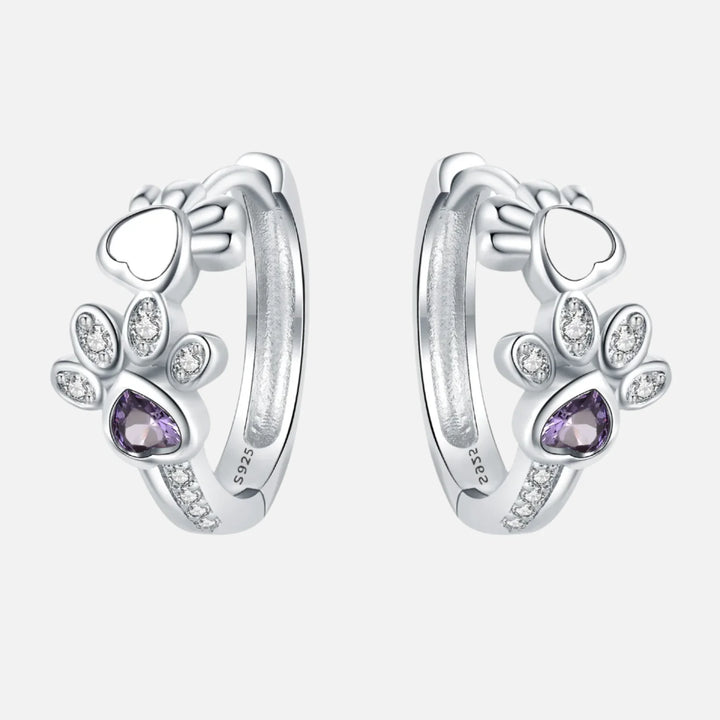 Paw Huggie Earrings in 925 Sterling Silver – With Zirconia and Heart Gem