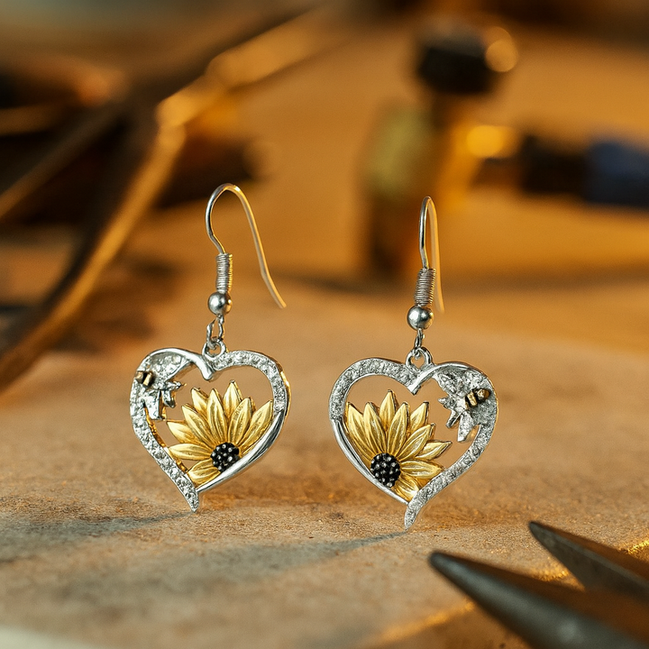Kolczyki wiszące vintage boho z sercem, słonecznikiem i pszczołą