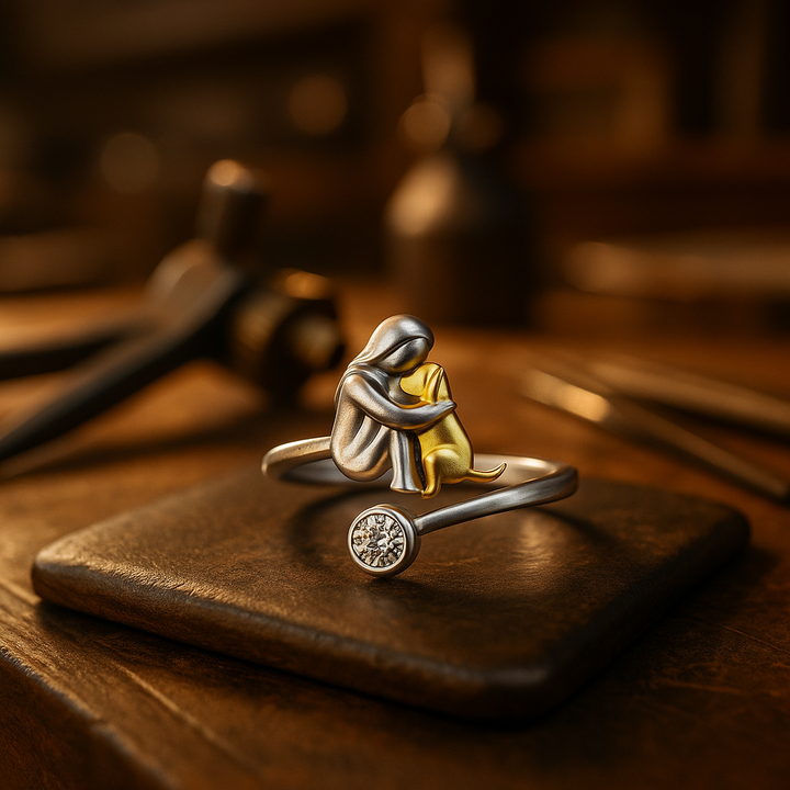 Srebrny pierścionek z psem z cyrkonią – regulowany i ręcznie wykonany